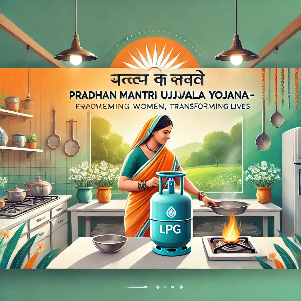 A rural Indian woman in traditional attire cooking in a clean and modern kitchen with an LPG cylinder beside her, symbolizing empowerment under the Pradhan Mantri Ujjwala Yojana scheme.