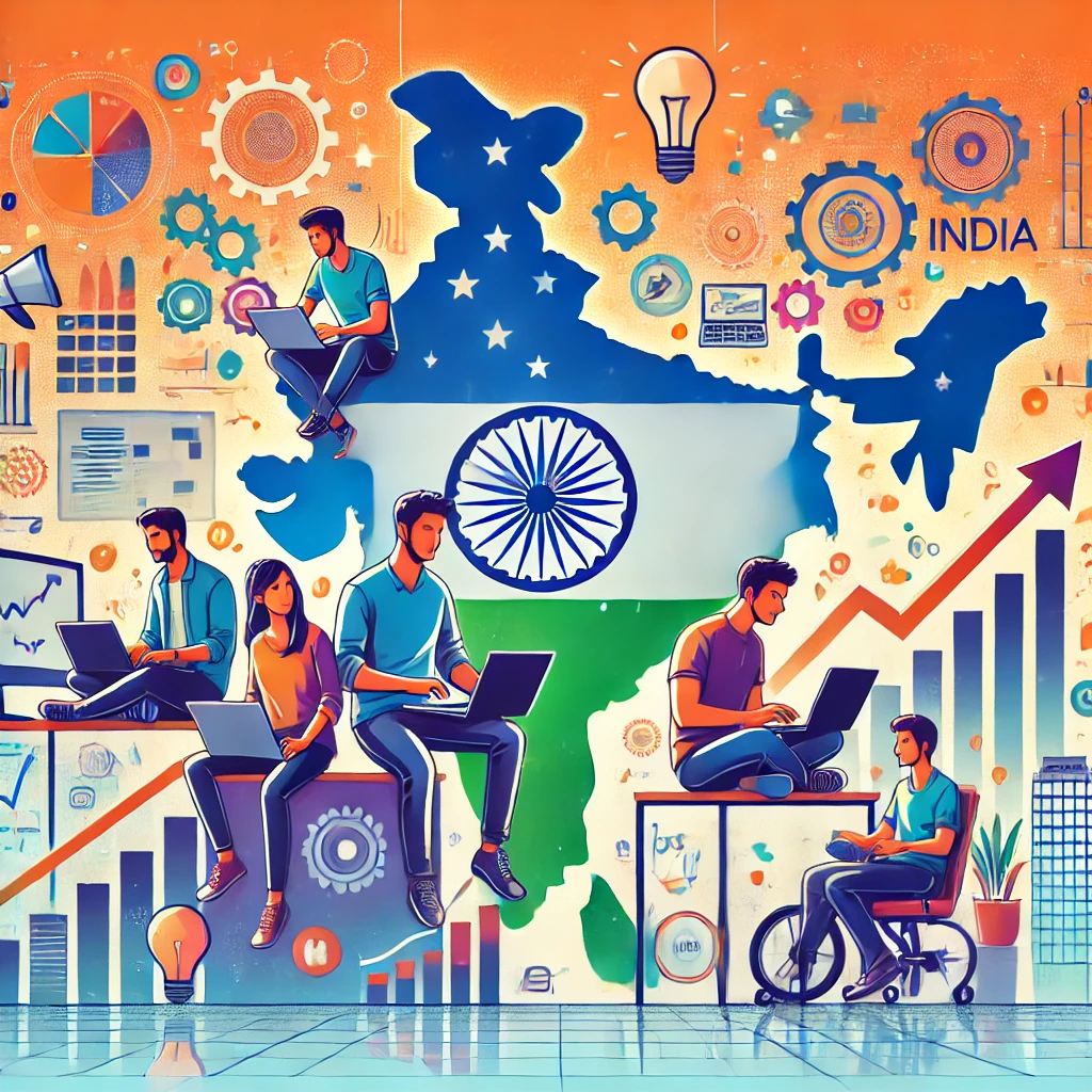 Illustration of India's startup ecosystem featuring young entrepreneurs brainstorming in a co-working space, with icons of innovation, technology, and growth alongside a subtle map of India.