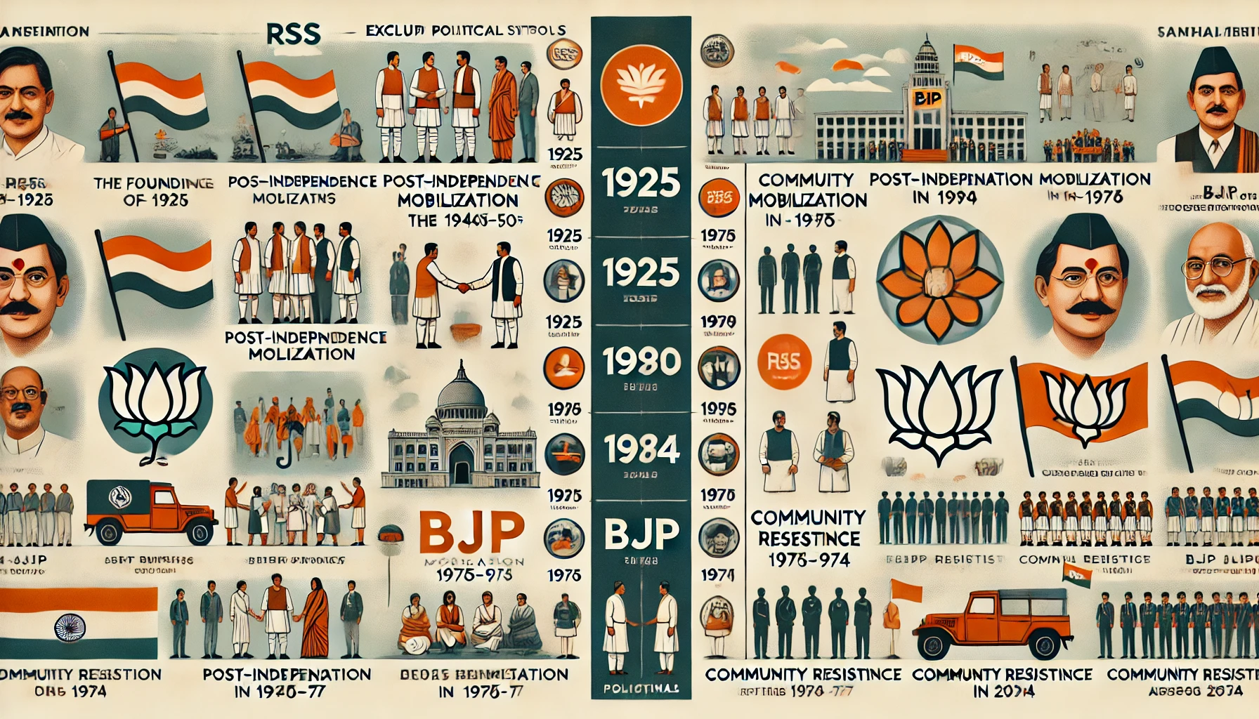 An infographic-style design presenting the milestones of RSS and BJP, excluding political symbols. The visual should feature a vertical timeline split into two columns. On the left side, depict the milestones of RSS with neutral symbolic icons such as a person in traditional attire, a community meeting, and a map of India. Key milestones include the founding of RSS in 1925, post-independence mobilization in the 1940s-50s, and community resistance during the Emergency Era (1975-77). On the right side, represent BJP milestones with neutral imagery such as a generic government building, a crowd of people, and a silhouette of a modern leader. Key events are the formation of BJP in 1980, its first government in 1998, and its historic election victory in 2014. The design should have a clean, professional layout with bold typography, using a color scheme of saffron, white, and green to maintain a neutral yet vibrant tone.